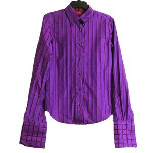Robert Graham Fitted Shirt Sz 2 Purple Stripe Cotton Flip Cuff Button Up Luxury